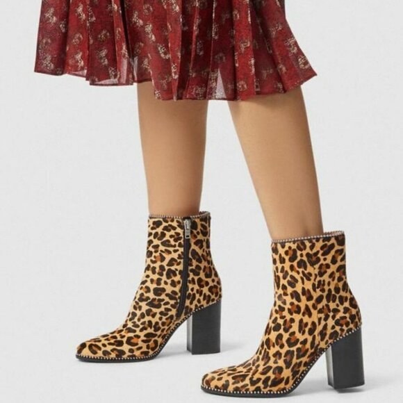 Coach Ankle Boot Womens 8.5 Leopard Brown Block Heel Leather Calf Hair Beaded - Picture 5 of 7